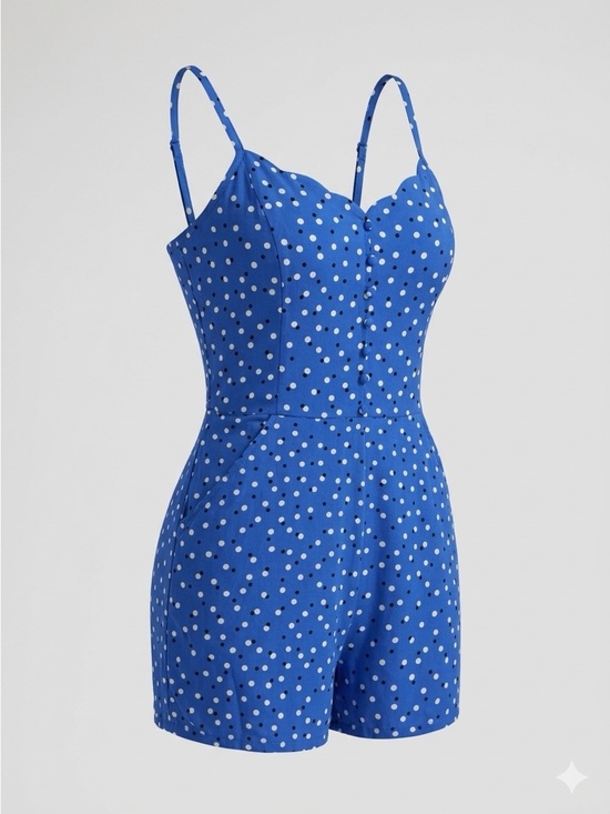 Market & Spruce Pants - Market & Spruce Women’s Large scalloped neckline light blue polka dot romper